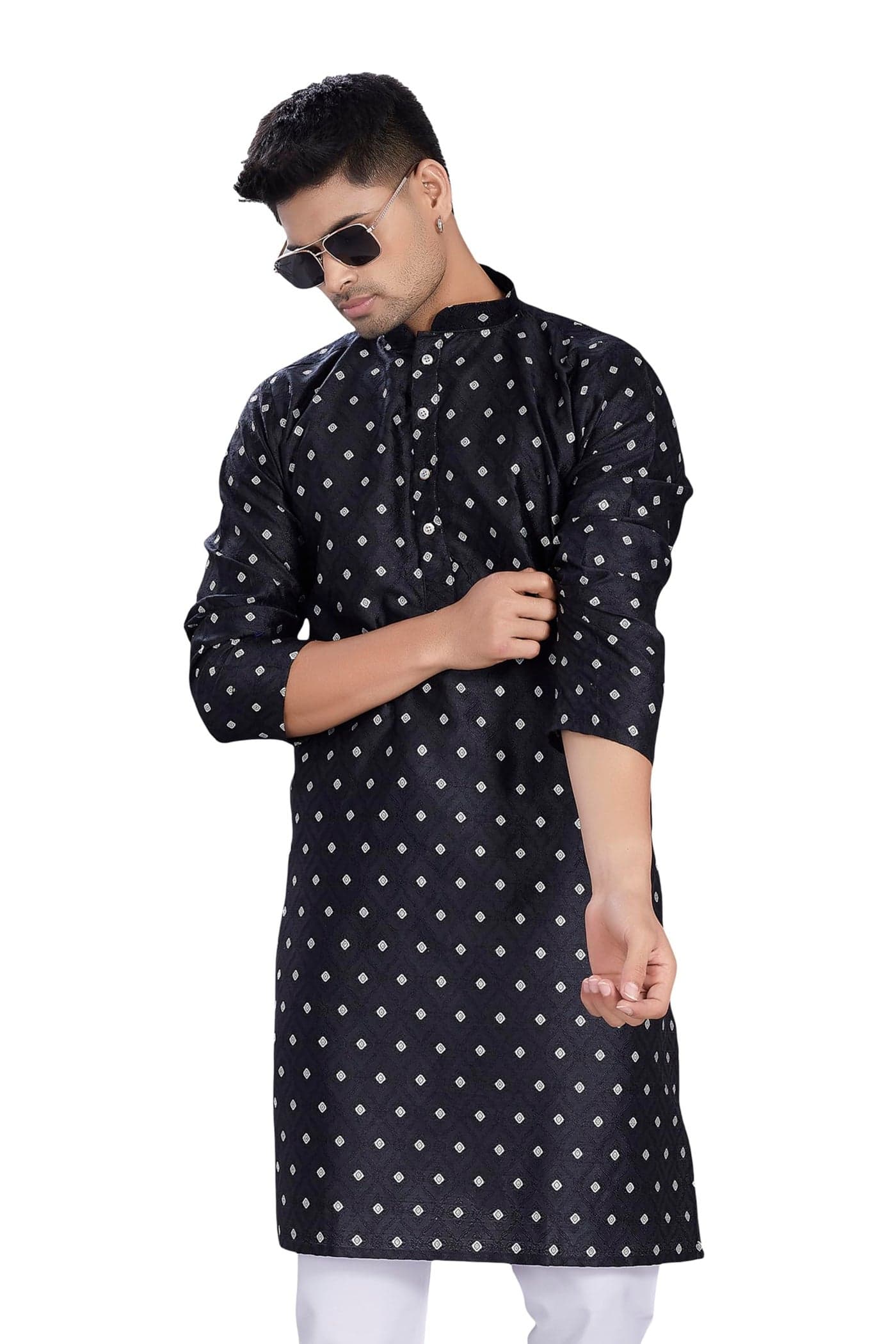DIVISIVE Men's Self Woven Jequard Art Silk Slim Fit Only Kurta (DKRT1303_L_Black)