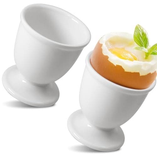 Kyuionty Ceramic Egg Cups Set of 2, White Porcelain Holder Egg Holder for Boiled Eggs Breakfast Cooking Kitchen/Gift Childhood Memories