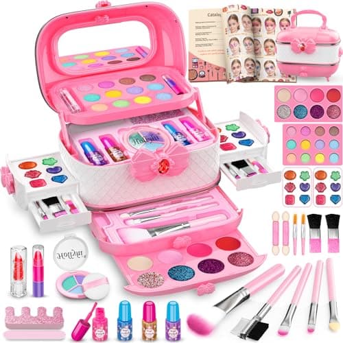 Hollyhi 58 Pcs Kids Makeup Kit for Girl Princess Toys Real Washable Cosmetic Set with Mirror Kids Makeup Sets for Girls Play Make Up Birthday Gifts for 3 4 5 6 7 8 9 10 11 12 Years Old Kid Pink