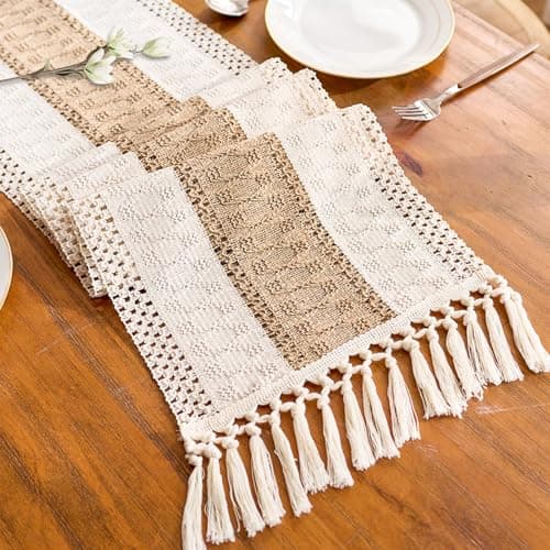 Vanzard Boho Table Runner for Spring Home Decor with Tassels 72 Inches, Farmhouse Rustic Cream & Brown Table Runners for Bohemian Kitchen Summer Dining Table(12x72in, Fringe Included)