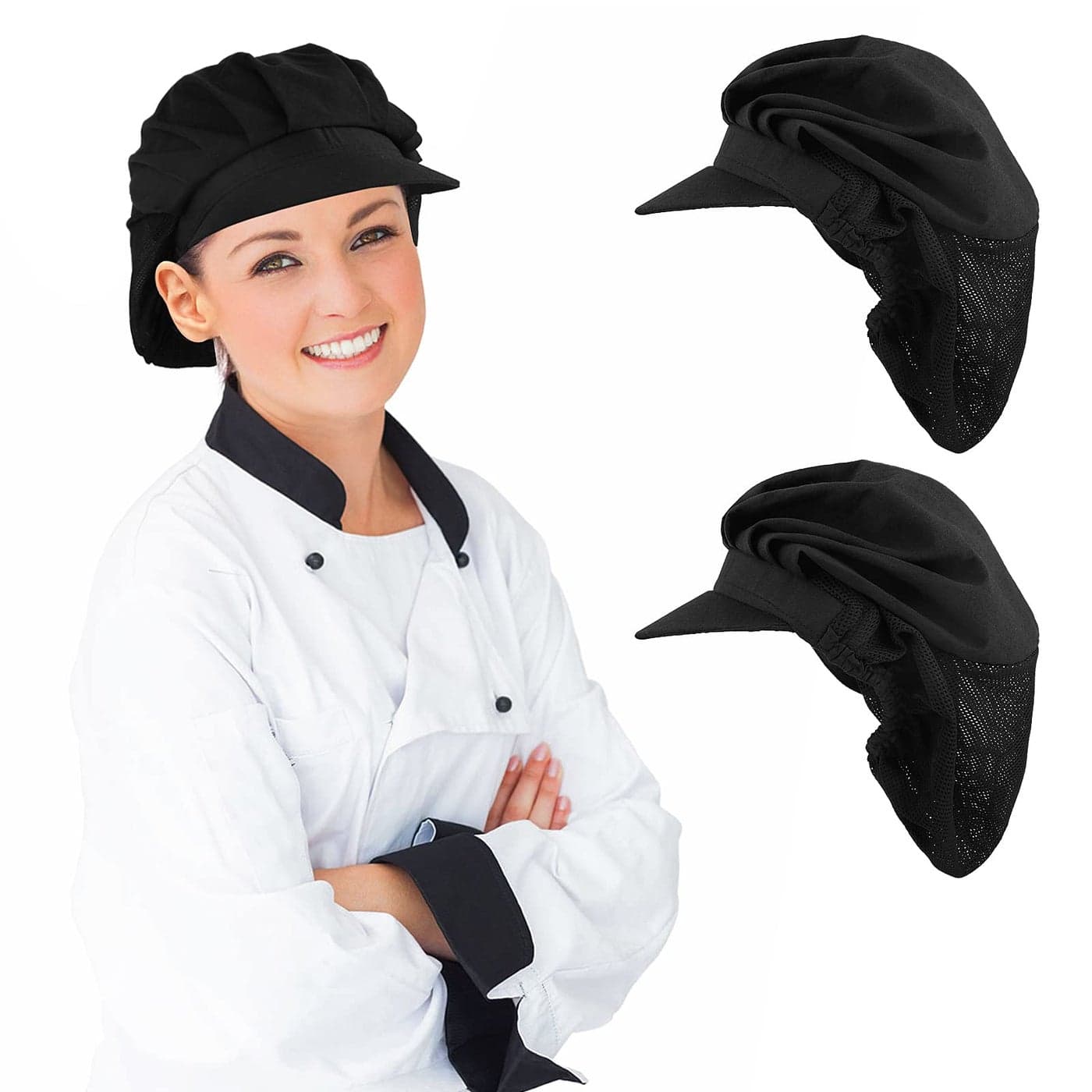 Yolev 2Pcs Black Chef Hats-Kitchen Baker Cooking Hair Nets Food Service Hairnets for Women Men with Brim