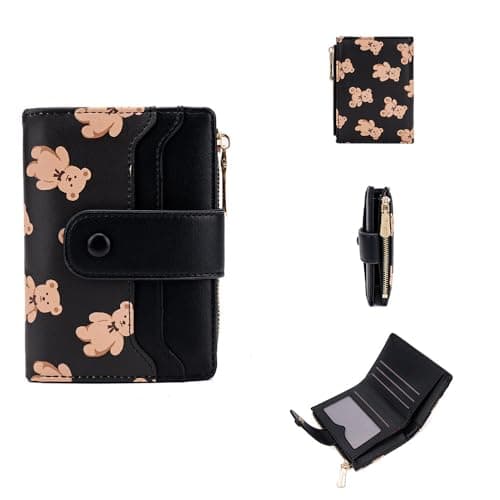 Cute Wallet for Women, Bear Print Zip Bifold Wallet with Front Card Slot, ID Window, Cash Slot, Short Women Wallet, Elegant Youthful and Cute (Black)