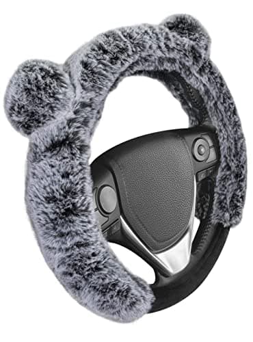 BDK Bear Fur Plush Steering Wheel Cover Cute Faux Wool Protector for Women Girls Fits Wheels 14515 inch Gray with Ears