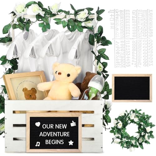 Barydat Wooden Baby Shower Crate Closet Basket with Handle and Felt Letter Board Kit Garland Baby Shower Wooden Gift Crate Personalized Basket for Pregnancy Announcement New Parent White