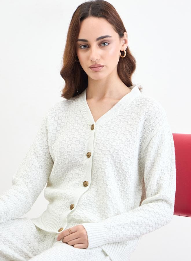 Off White Lurex Knit Cardigan and Pants Co-Ords