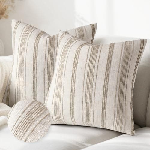 AELS 20x20 Decorative Farmhouse Linen Throw Pillow Covers, Beige with Brown Chenille Striped Pillow Case, Set of 2, Boho Textured Cushion Cover for Sofa Couch Living Room (Cover ONLY)