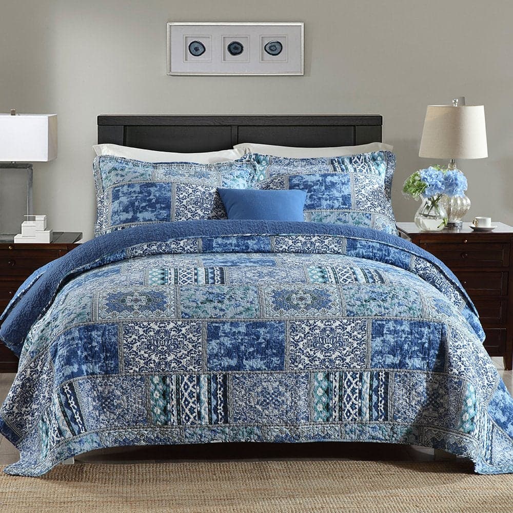 NEWLAKE Cotton Bedspread Quilt SetsReversible Patchwork Coverlet Set Blue Classic Bohemian PatternQueen Size