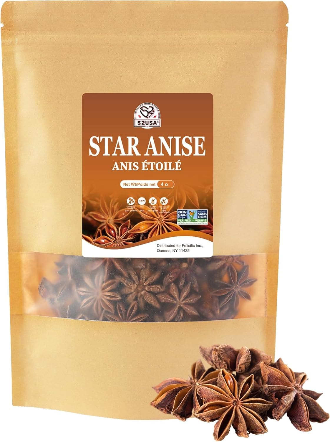 52USA Star Anise Whole, 4 Ounce - Non-GMO Verified Dried Star Anise Pods for Tea and Baking