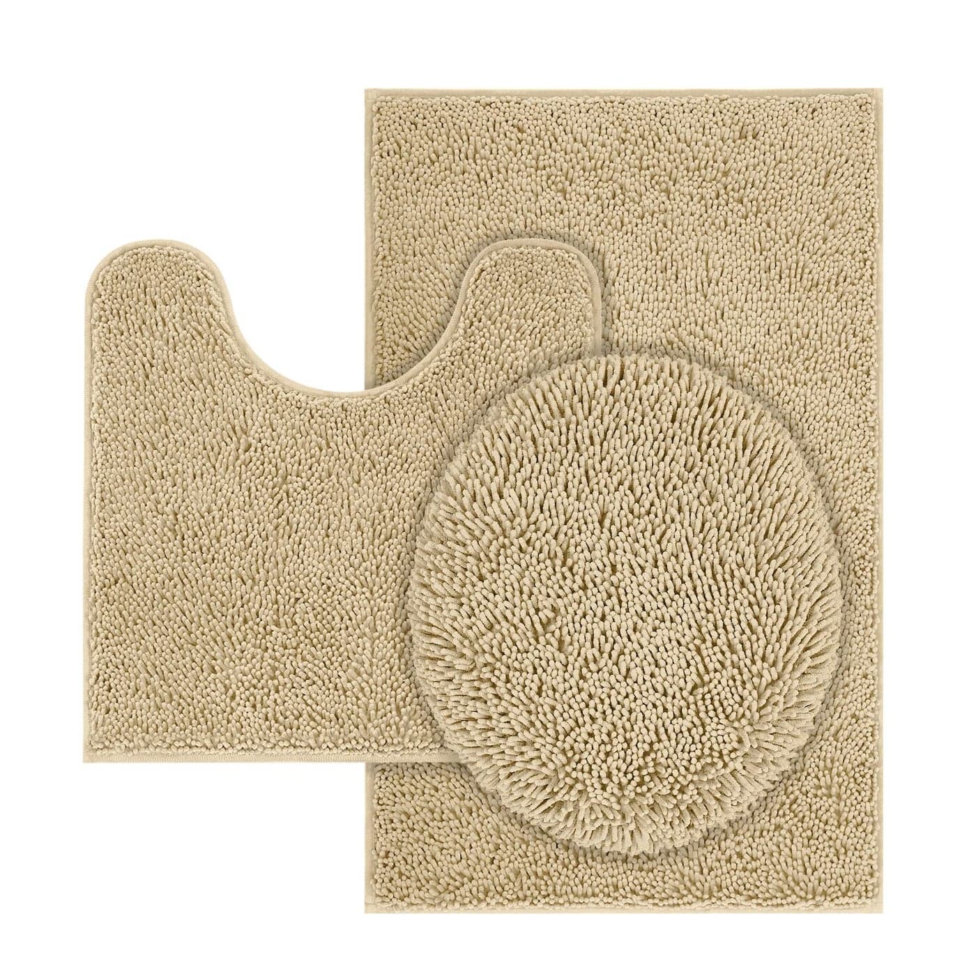 TREETONE Chenille Bath Mat 3 Pieces Bathroom Rugs Set 20x20 Inches UShape Contoured Toilet Mat 20x32 Inches Rug Lid CoverWater Absorbent Plush Rugs for Tub Shower Bath Room Beige