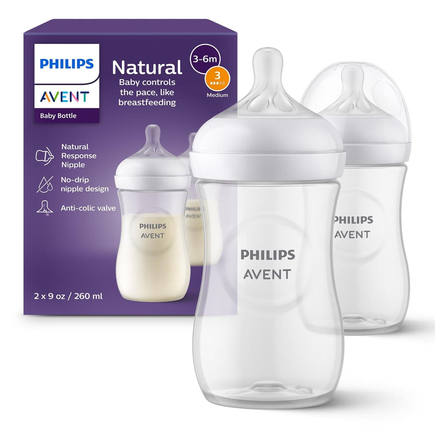 Philips Avent Natural Baby Bottles with Natural Response Nipples Medium Flow Flow 3 9oz 2Pack SCY90302