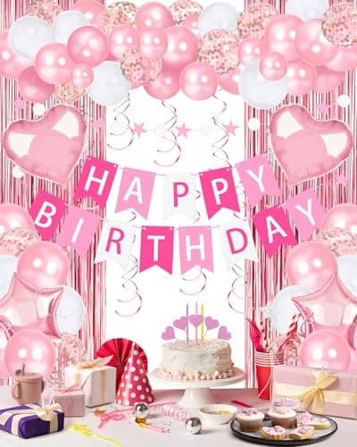 Lutoys Pink Happy Birthday Party Decorations Happy Birthday Banner Pink Foil Heart Star Confetti Balloons Curtain Backdrop Hanging Swirls Butterfly Party Decor for Girls Women Princess
