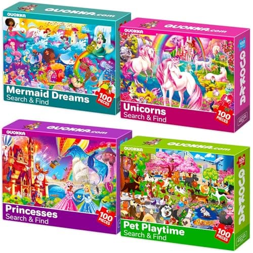 QUOKKA 100 Piece Puzzles for Kids Ages 46 4 Jigsaw Puzzles for Kids Ages 68 Search and Find Unicorn Princess Mermaid Toys for Children 810 yo Educational Game Gift for Boys Girls