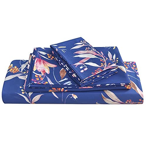 JSD Navy Floral Sheet Set Queen Size, 4 Piece Soft Printed Microfiber Sheets Extra Deep Pocket