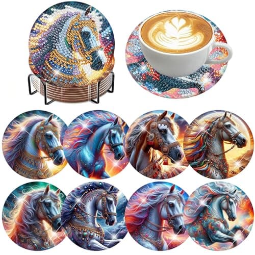 Zythron 8 PCS Diamond Art CoastersHorse Diamond Painting Coasters Kits Sky Horse DIY with Holder DIY for Beginners Adults Diamond Art Kits for Adults Diamonds Art Crafts Supplies 4x4 in
