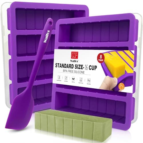 Silicone Butter Mold with Lid and Spatula (Purple), Walfos Non-Stick Tray Fits Standard Butter Stick Size, Large Cavity, Holds 8 TBSP, Ideal For Soap Bar, Energy Bar, Brownie, Cake, 2 Packs