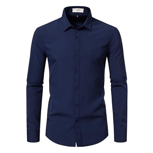 EOUOSS Dress Shirts for Men Stretch Slim Fit Long Sleeve Mens Dress Shirts Casual Business Formal Solid Button Down Shirts Navy Blue Medium