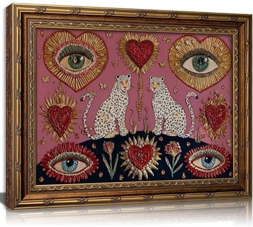 Vintage Gold Framed Gothic Leopard Wall Art Boho Witchy Psychedelic Eye Heart Canvas Prints Pink Cheetah Poster Mystical Jungle Animal Painting Picture Artwork for Bedroom Living Room Decoration