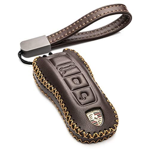 Vitodeco Genuine Leather Smart Key Fob Case Cover Protector with Leather Key Strap Compatible for 2020 - 2025 Porsche Cayenne, Macan, Panamera, 718, 911, Taycan (3-Button, Brown)