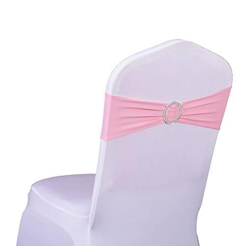 SINSSOWL Pack of 50 Spandex Pink Chair Sashes for Wedding Elastic Chair Bows Sashes Bands Buckles Fitting Birthday Party Anniversary Events Ceremony Bridal Baby Shower Decorations