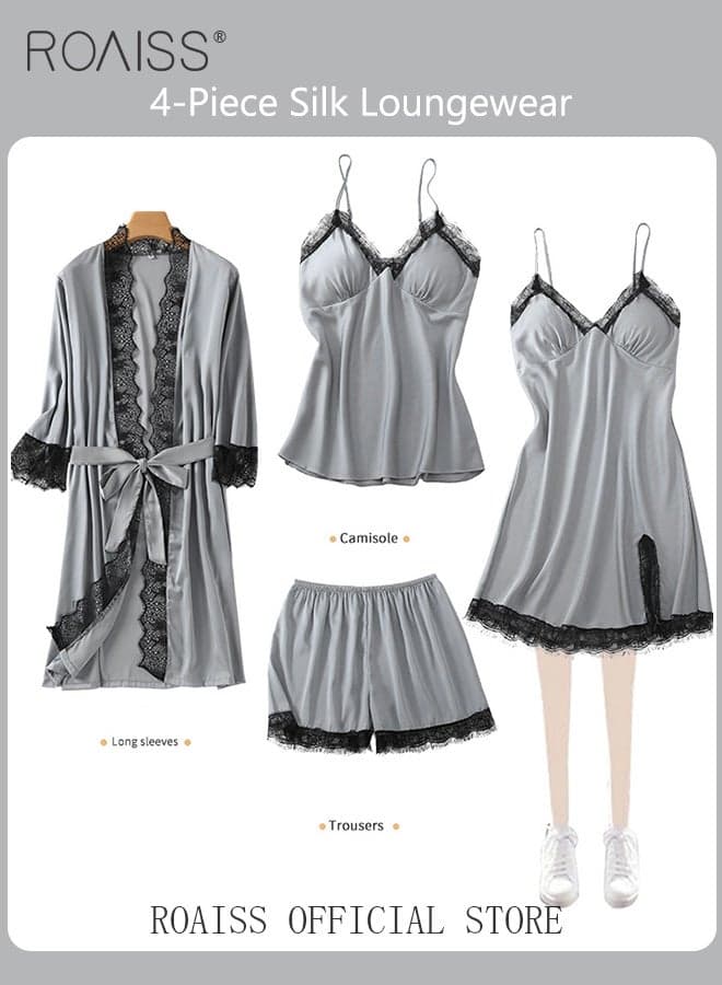 Women Four Piece Home Wear Set Comfortable Fabric Soft and Skin Friendly Lace Elements Fashionable Solid Color Design
