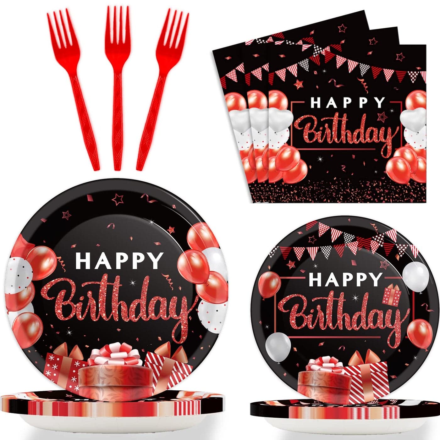96 Pieces Red and Black Tableware Set Confetti Sprinkles Happy Birthday Party Decorations Table Decors for Men Women Plates Napkins Forks for 24 Guests