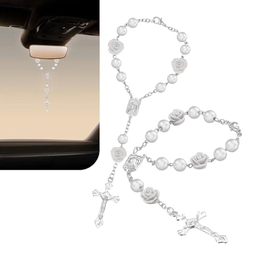 winterrock 2 PCS Car Rosary Rearview Mirror Rose Pearl Cross Auto Rear View Mirror Hanging Charm Personalized Religious Blessing Rose Cross Alloy Pendant Universal Car Decor Accessories White