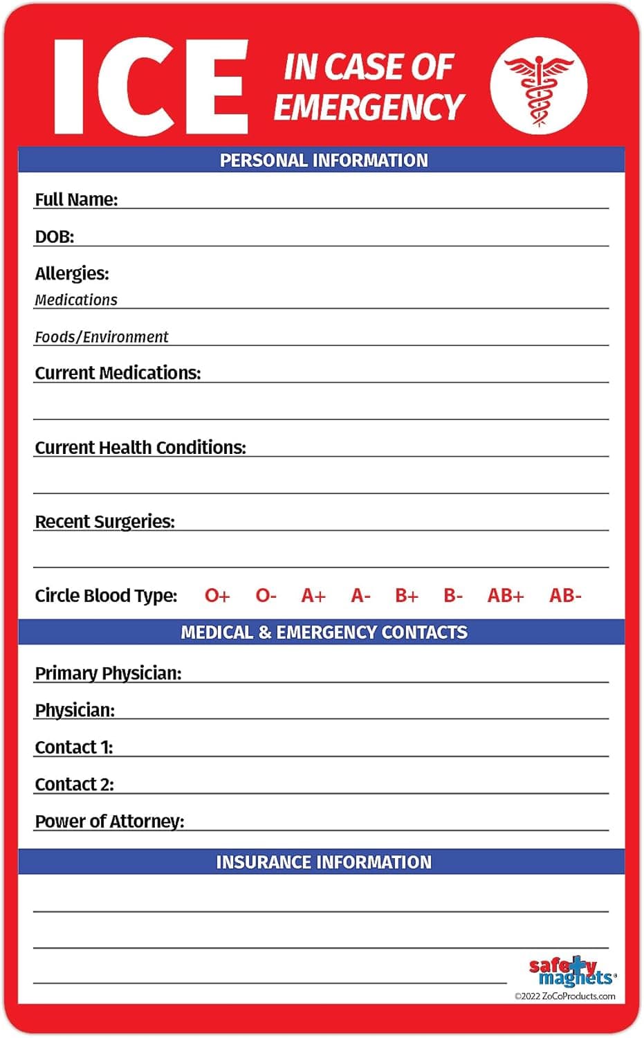 ICE Medical Card for Seniors - in Case of Emergency Fridge Magnet with Marker - Refrigerator Safety Important Phone Numbers Call List for First Responders - 5.25 x 8.5 in. (1 Pack)
