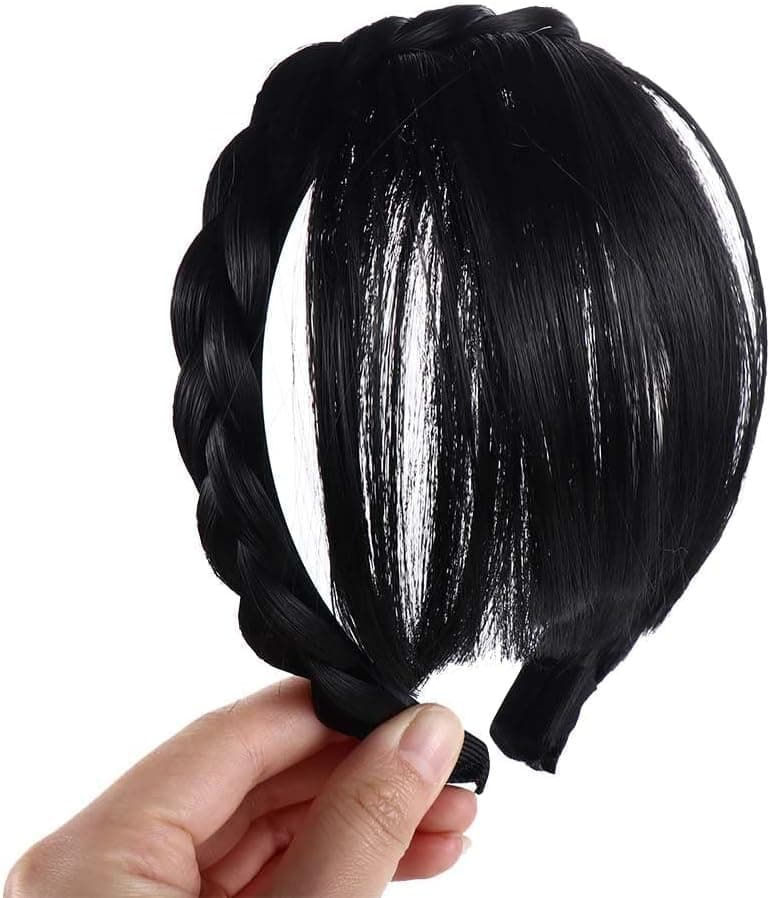 Brown and Black Fake Bangs Hairband Women Girls Fringe Bangs with Double Row Braids Headband Hair Extensions Hairs Styling ToolsHair AccessoriesWomens Fashion Headbands