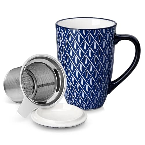 vancasso SELENE Porcelain Tea Mug, 18 oz Porcelain Tea Cup with Infuser and Lid Steeps Loose Leaf Tea, Microwave & Dishwasher Safe, Geometric Weave