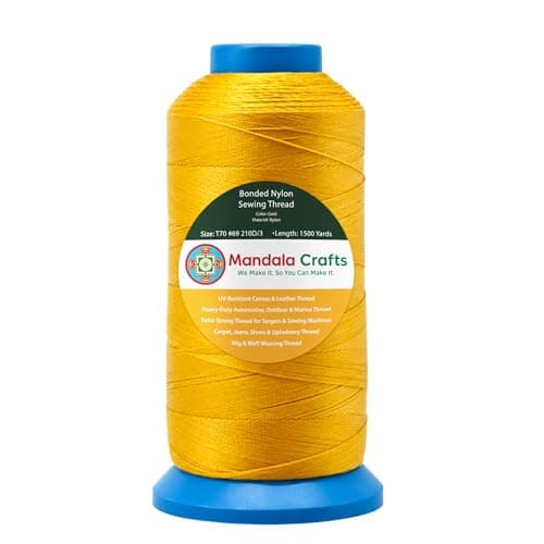 Mandala Crafts Size 69 210D T70 Bonded Nylon Thread Gold 1500 YDs Tex 70 Heavy Duty Sewing Threads for Leather Jeans Weaving Outdoor Marine Upholstery