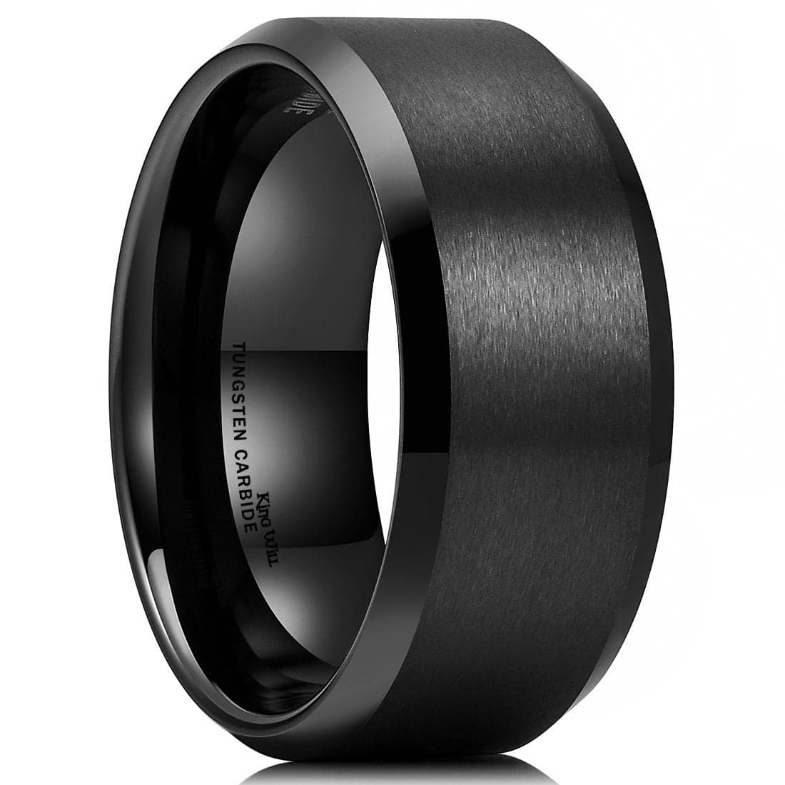 King Will 10mm Men's Black Wedding Ring - Brushed Matte Surface, Beveled Polished Edge, Comfort Fit Size 10