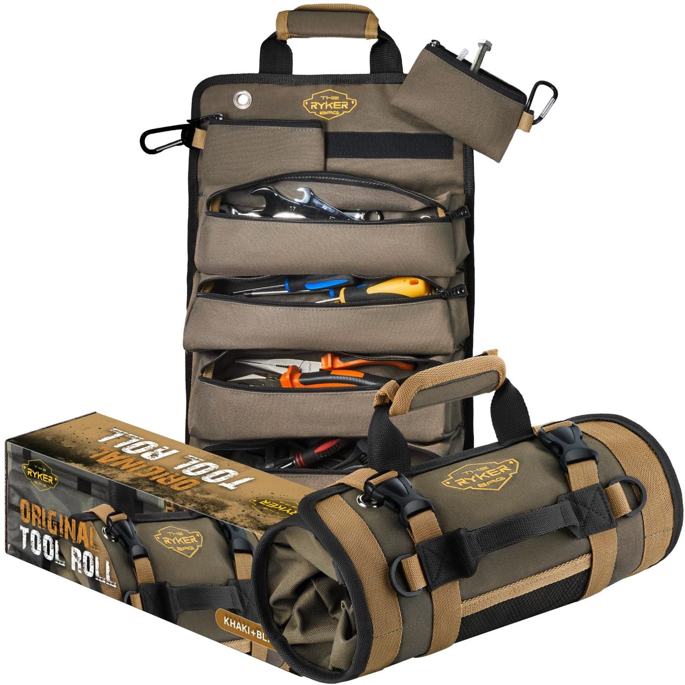 The Ryker Roll Up Tool Bag Organizer Gifts for Dad Heavy Duty Motorcycle Tool Roll Bag Organizer Portable Rollup Toolbag wDetachable Pouches Tools Bags Mens gifts for himMechanic KhakiBlack