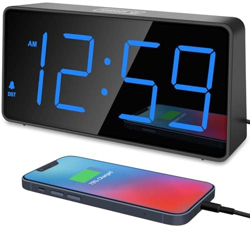 Peakeep Digital Alarm Clock for Bedroom Bedside Loud Alarm Clock for Heavy Sleepers Large Big LED Numbers for Seniors Battery Backup Plug in Electric Clock with USB Charger Blue