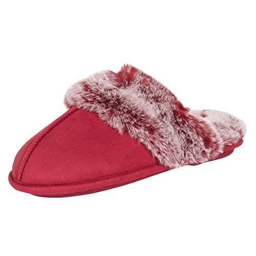 Jessica Simpson Women's Comfy Faux Fur House Slipper Scuff Memory Foam Slip on Anti-Skid Sole, Burgundy, Large