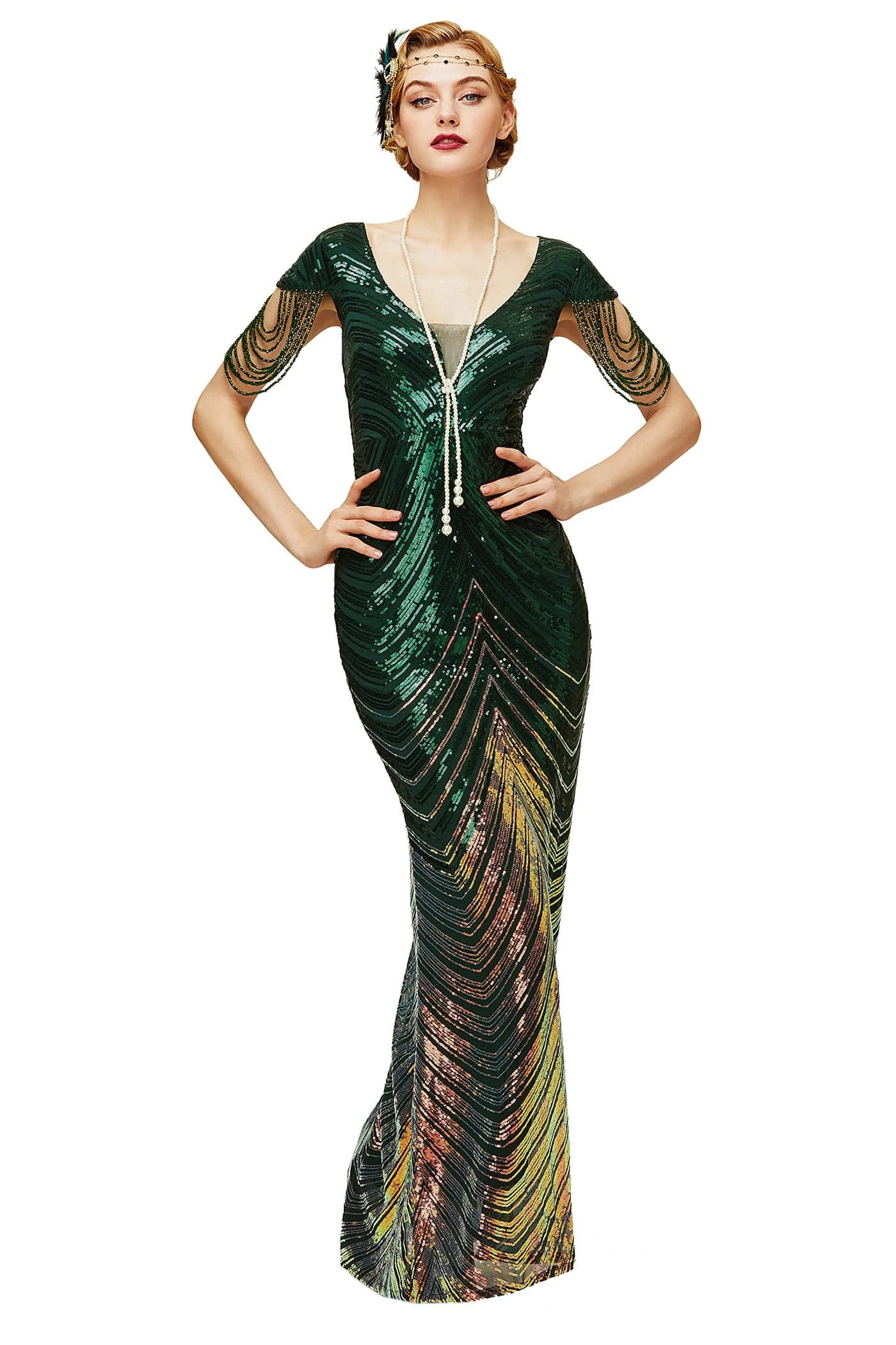 BABEYOND Women Mermaid Sequin Gown Bodycon Maxi Prom Dress Glitter Sequin Beaded Dress for Evening Party Dark Green