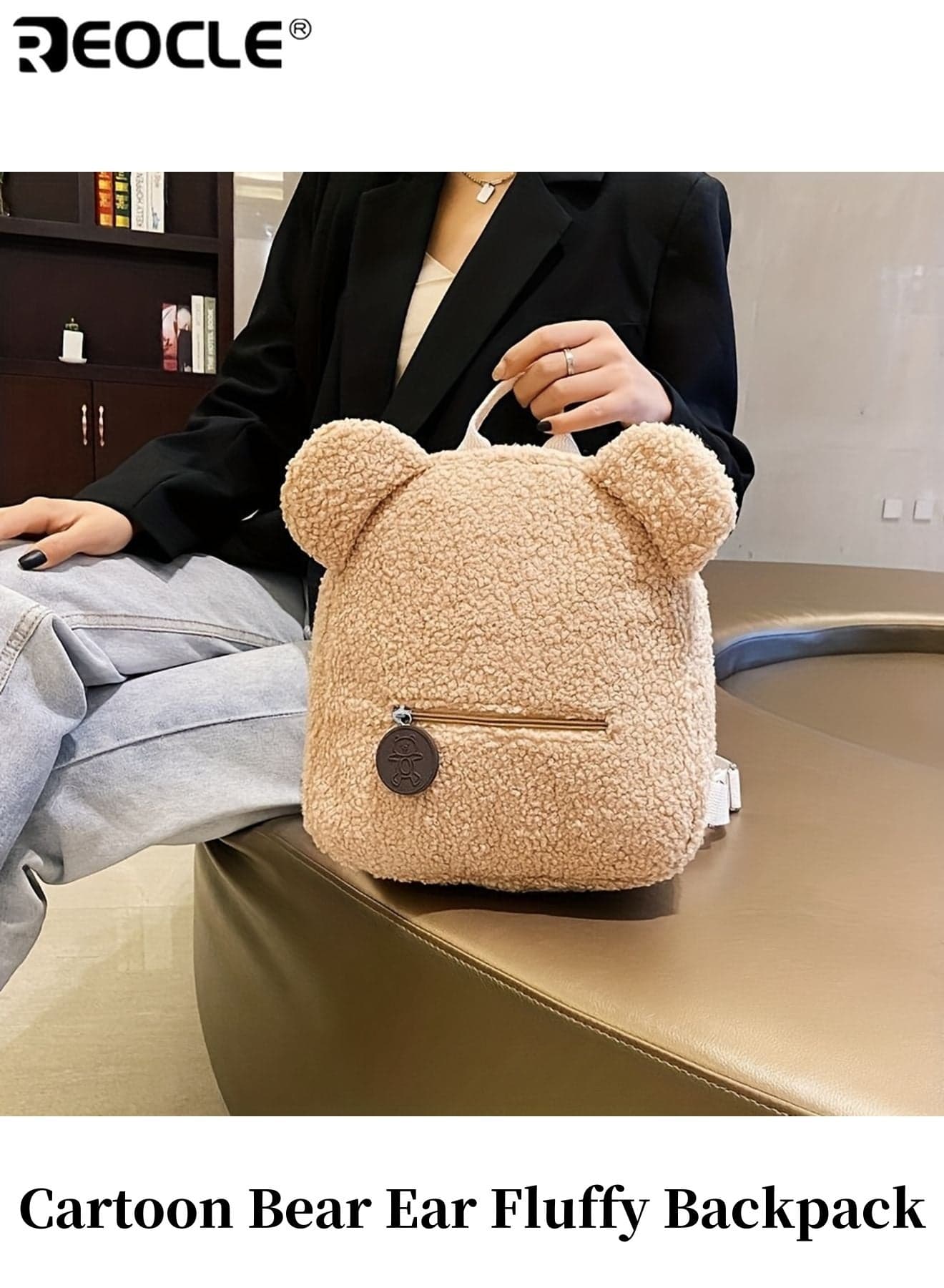 Cartoon Bear Ear Fluffy Backpack Adjustable Strips Cartoon and Floral Design Lightweight Durable Polyester Lining for School Travel Daily Commute
