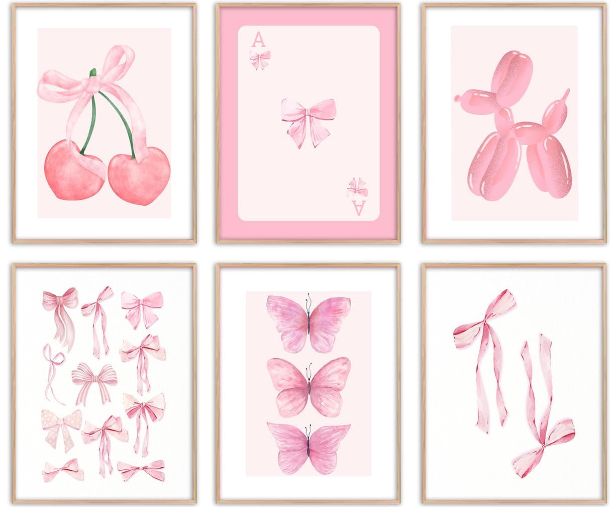 Kizbok Pink Coquette Room Decor, Trendy Pink Bows Wall Art for Girl Room Decor, Cute Coquette Wall Decor, Coquette Posters, Pink Room Decor Preppy Room Decor Aesthetic, Coquette Bow Prints Ball Cherry Bow Room Decor for College Dorm Apartment Decor -8x10inch|UNFRAMED