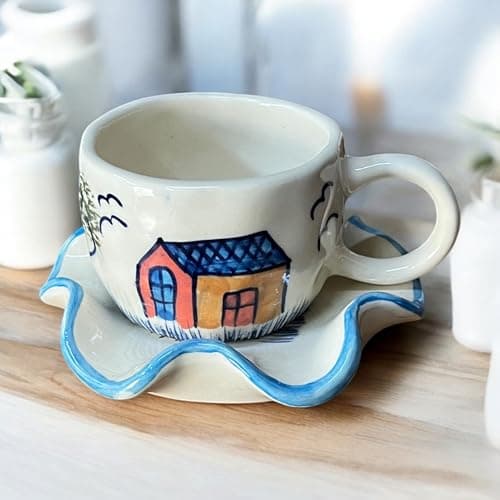 BACKKSPACE RETAIL Farm House Art Coffee Tea Milk Mug & Saucer | Microwave & Dishwasher Safe Ceramic Tea Cup | Perfect for Latte, Cappuccinos, Tea Bag & Beverages (Cream, 250ml)