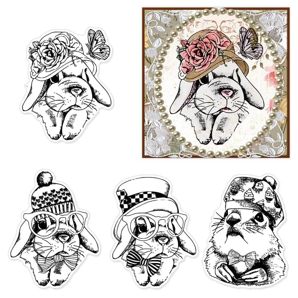 4 PCS Bunny Clear Stamps for Card Making and Journaling Rabbits Silicone Stamps Flowers Rubber Stamps for Scrapbooking DIY Cards Album Crafts Supplies