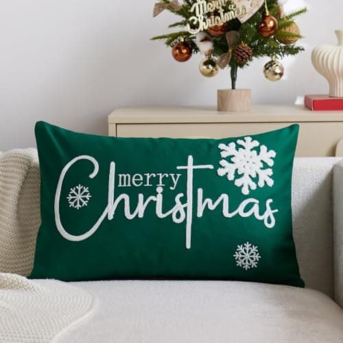 yeshttdy Merry Christmas Pillow Covers 12x20 Inch Embroidery Snowflake Xmas Decorative Lumbar Throw Pillow Cover Winter Holiday Pillow Case Cushion Cases for Sofa Couch Living Room Decorations Green