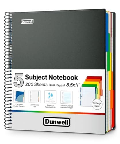 Dunwell 5Subject Notebook College Ruled Colorful Movable Pocket Dividers with Tabs FrontBack Plastic Covers 200 Sheets 400 Pages of 3Hole Punch Perforated 85x11 Paper