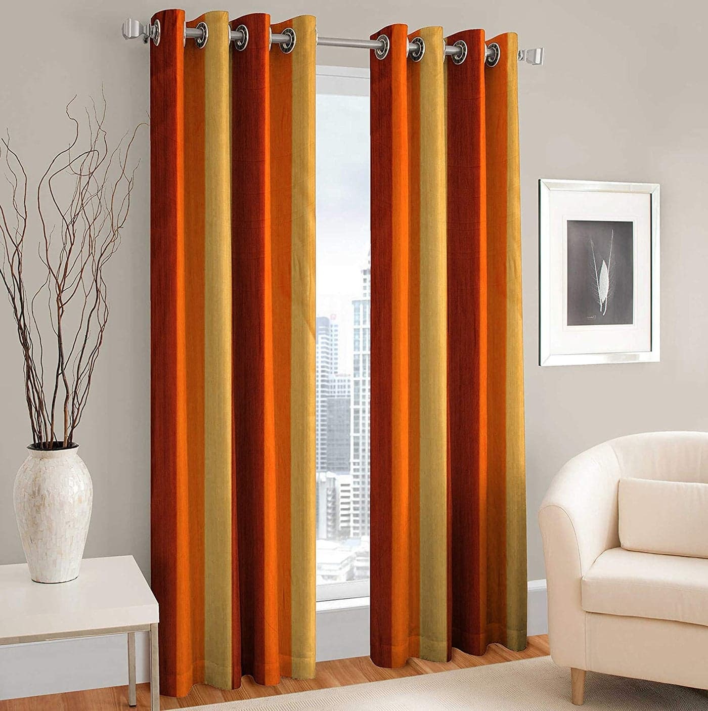 MODERN FAB Polyester Blend Long Crush Eyelet Door 8 ft Curtains Orange Set of 2