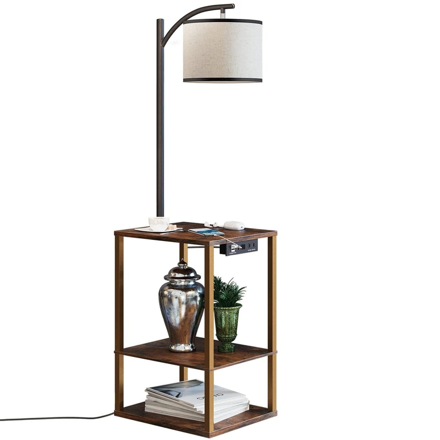 SUNMORY Floor Lamp with Table End Table with Lamp Shelves Charging StationUSB AC Port 3Color Temperature LED Bulb Side Table Lamps for Living Room Bedroom Office Rustic Brown