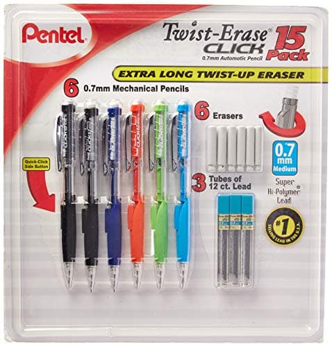 Pentel TwistErase Click Mechanical Pencils 07mm HB 2 School Supplies Teacher Supplies Drawing Sketching pencils Assorted Barrel Colors 6 Mechanical Pencils 6 Erasers 3 Tubes of Lead Refills