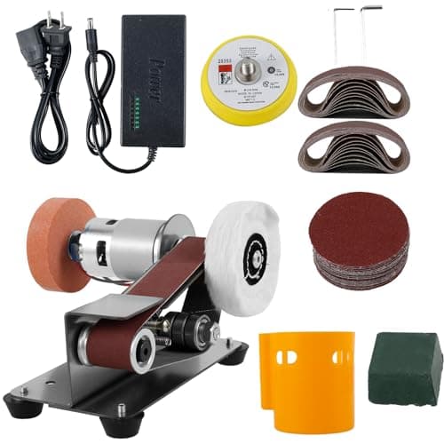Mini Belt Sander, 15° Electric Knife Sharpener Bench Grinder Sanding Machine, 7 Adjustable Speed Electric Belt Grinder, Low Noise Cutter Sharpener Sander, Polishing Grinding Machine for Metal Jewelry