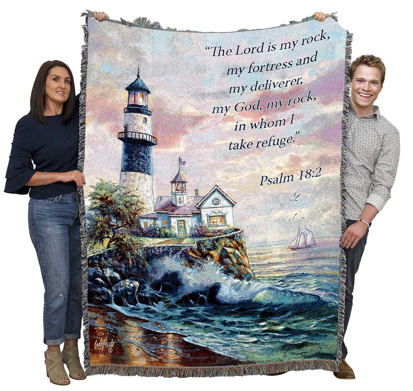 Pure Country Weavers Lighthouse Blanket by Carl Valente - The Lord is My Rock and My Fortress - Scriptures -Psalm 18:2 - Religious Gift Tapestry Throw Woven from Cotton - Made in The USA (72x54)