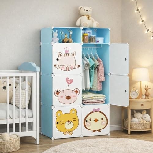HEMOVIA Collapsible Wardrobe for Clothes - DIY 6 Door Plastic Almirah for Clothes with Doors | Side Hanger,Folding Waterproof Memory Standing Wardrobe for Storage for Home Clothes (Blue, 6+2-Door)