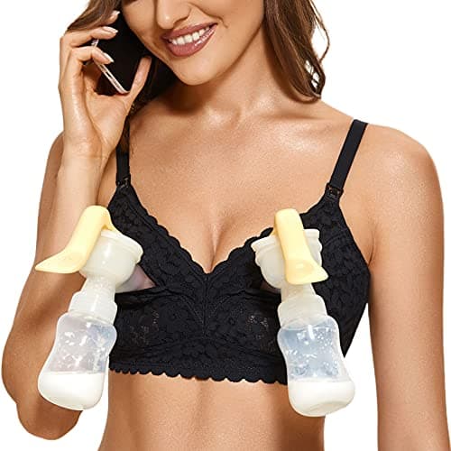MOMANDA Womens Pumping Bra Hands Free Cute Lace Support Nursing Bras for Maternity Breast Black 32B