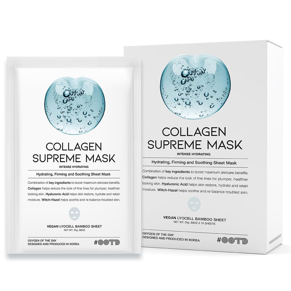 OOTD Collagen Hydrating Sheet Masks for Face Korean Anti Aging Mask Sheet for Dry Skin Sensitive Skin EVE Vegan Not Tested on Animals No Parabens No Sulfates Hyaluronic Acid Witch Hazel 10EA