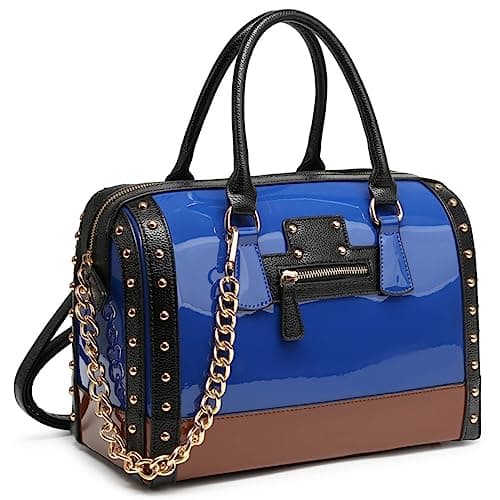 Dasein Women's Barrel Bag Shiny Patent Faux Leather Handbag with Rivet Decoration Top Handle Satchel Shoulder Purse (Large Blue)